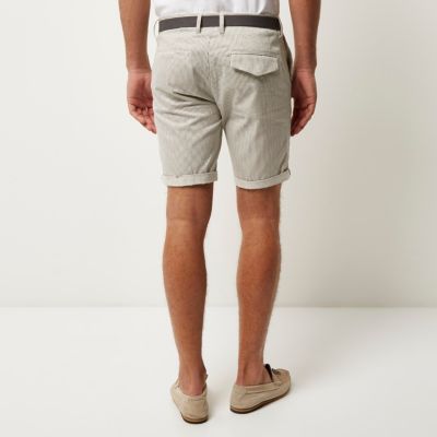 Grey stripe slim fit belted shorts